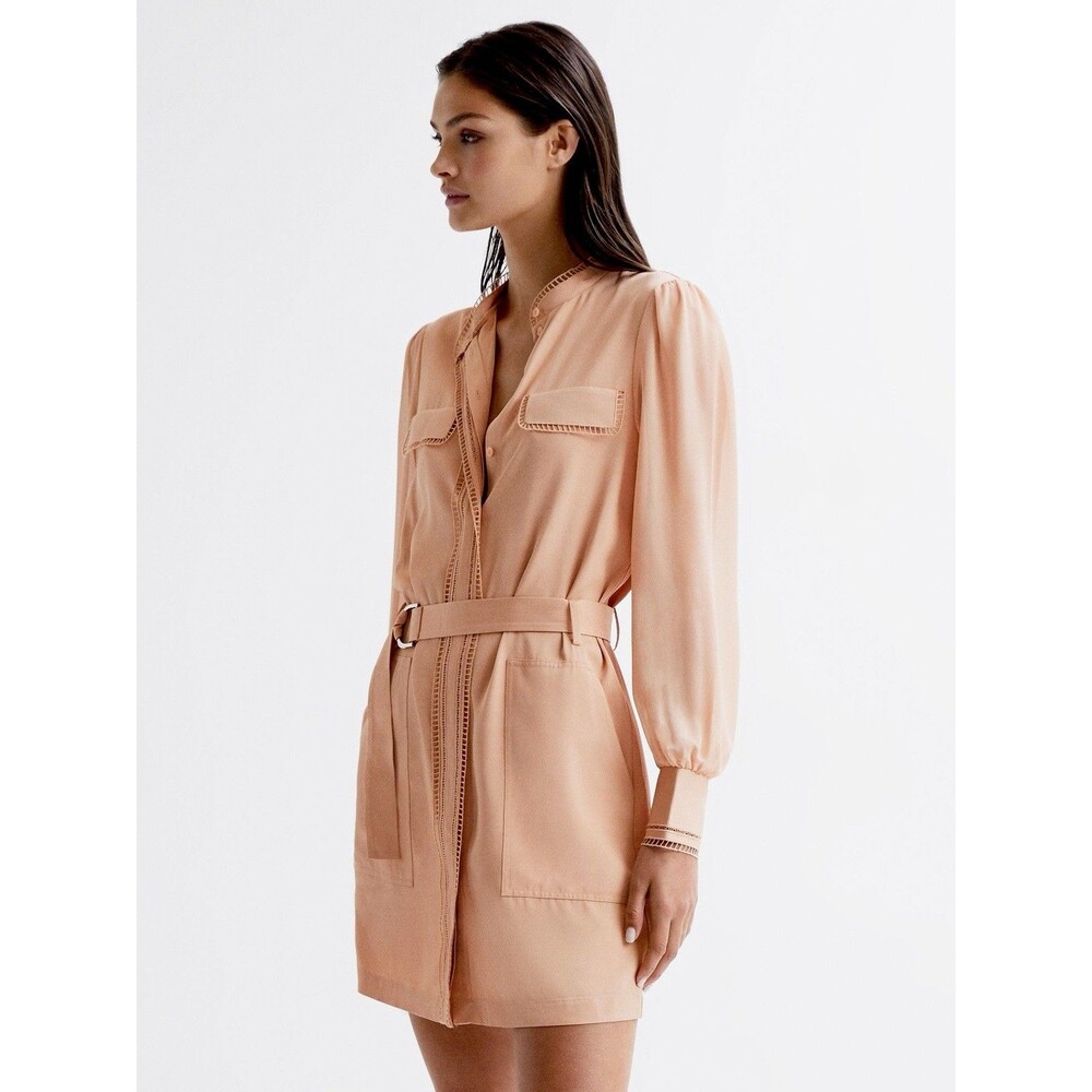 Reiss Cassia Ladder Trim Detail Flippy Mini Dress in Nude Pink Sz US 10 Viscose